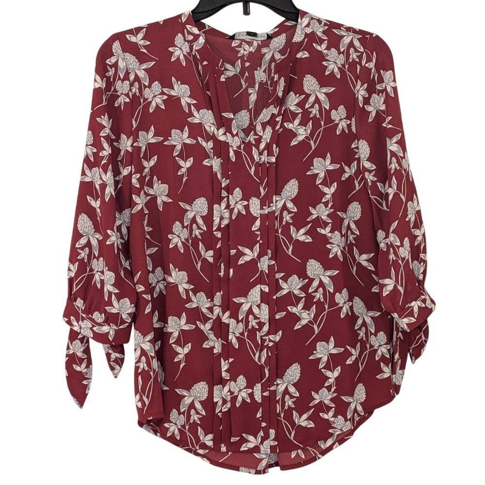 41 Hawthorn Burgundy Floral Split Neck Blouse Tie‎ Cuff XS Petite NEW